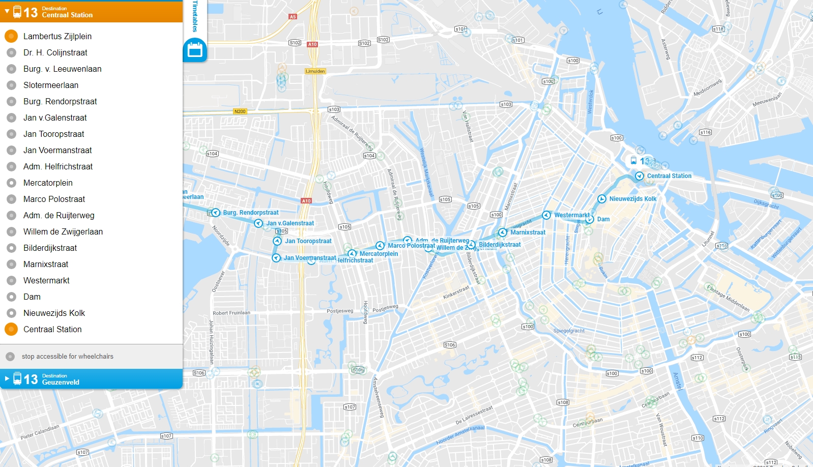 Amsterdam GVB Tram 13 Map - Lijn 13 - Amsterdam Coffeeshop Tours