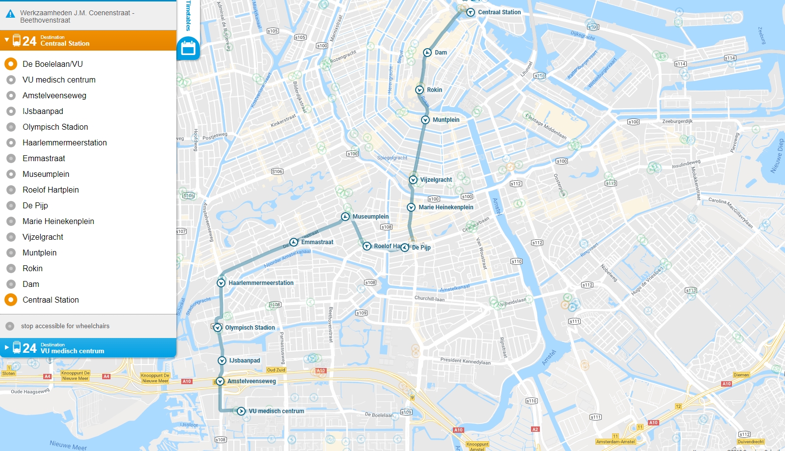 begrijpen Moreel een beetje Amsterdam GVB Tram 24 Map - Lijn 24 - Amsterdam Coffeeshop Tours